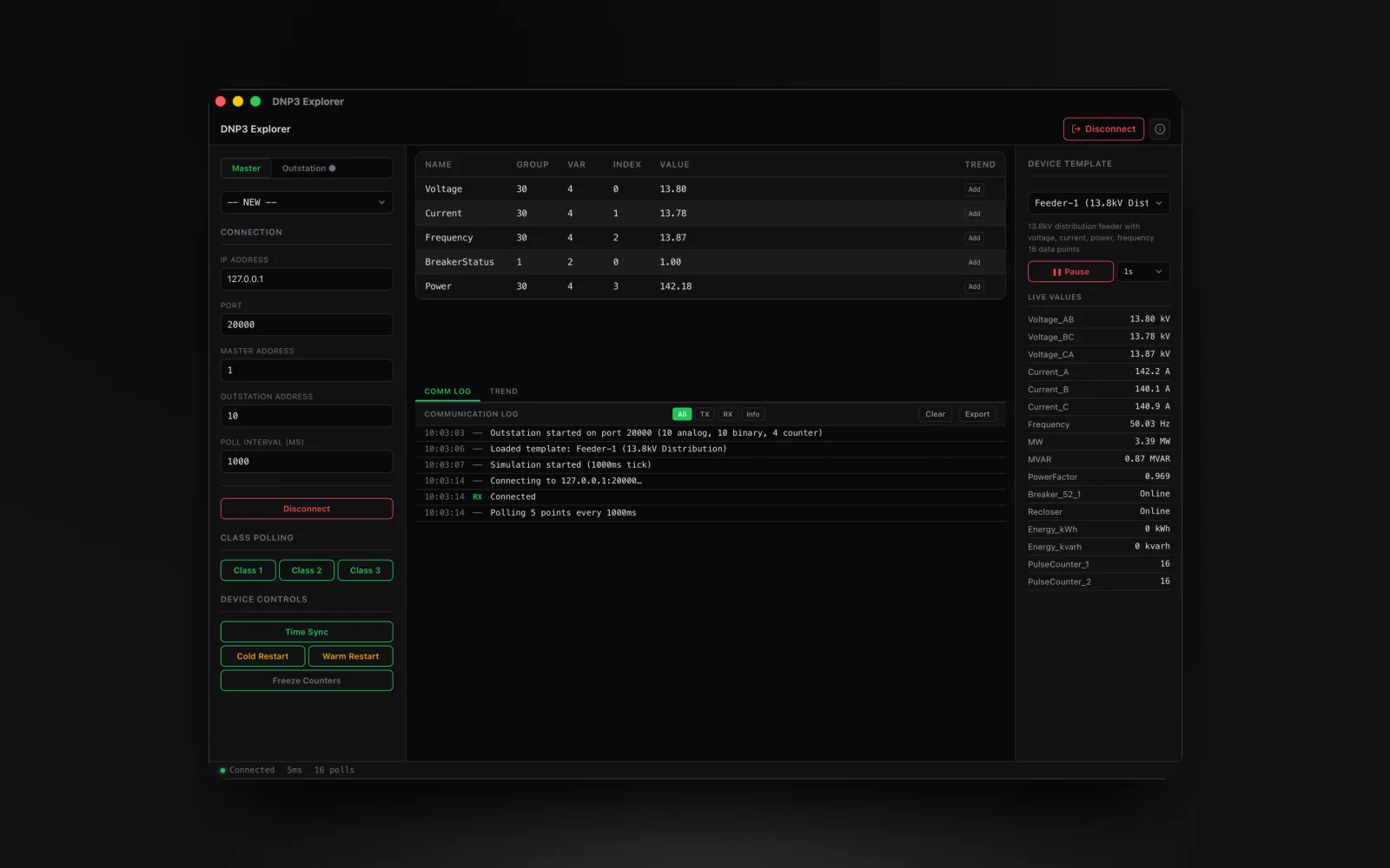 DNP3 master mode in the Voltrus DNP3 Explorer: polling outstations for binary inputs, analog inputs, and counter inputs with live value updates