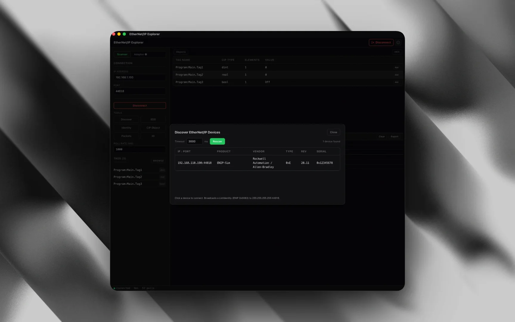 Device Explorer in the Voltrus EtherNet/IP Explorer: a connected device with the CIP object tree, identity, and attributes