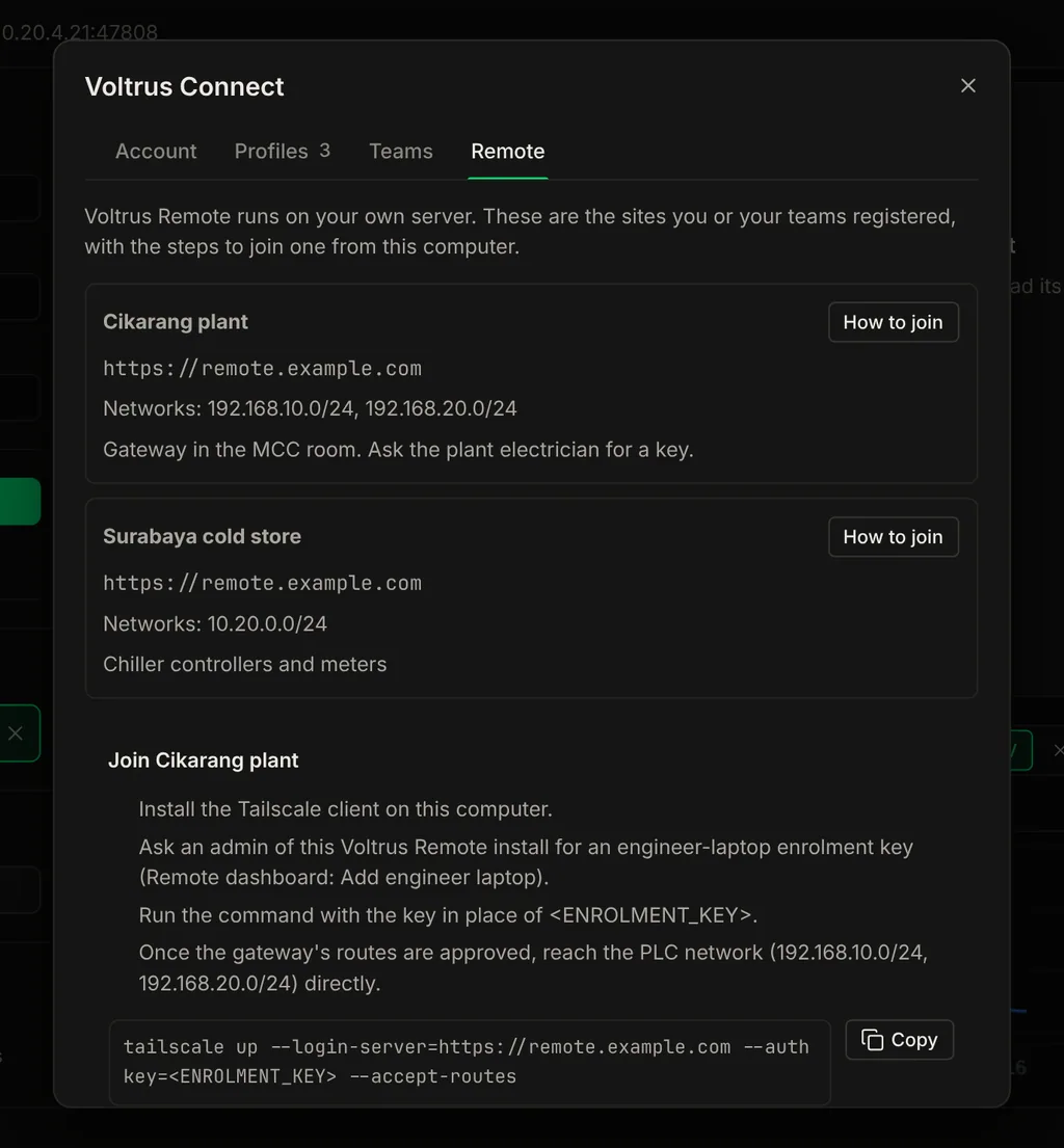 The Remote tab in BACnet Explorer listing two Voltrus Remote sites, with the join steps and the tailscale command for the first site below the list.