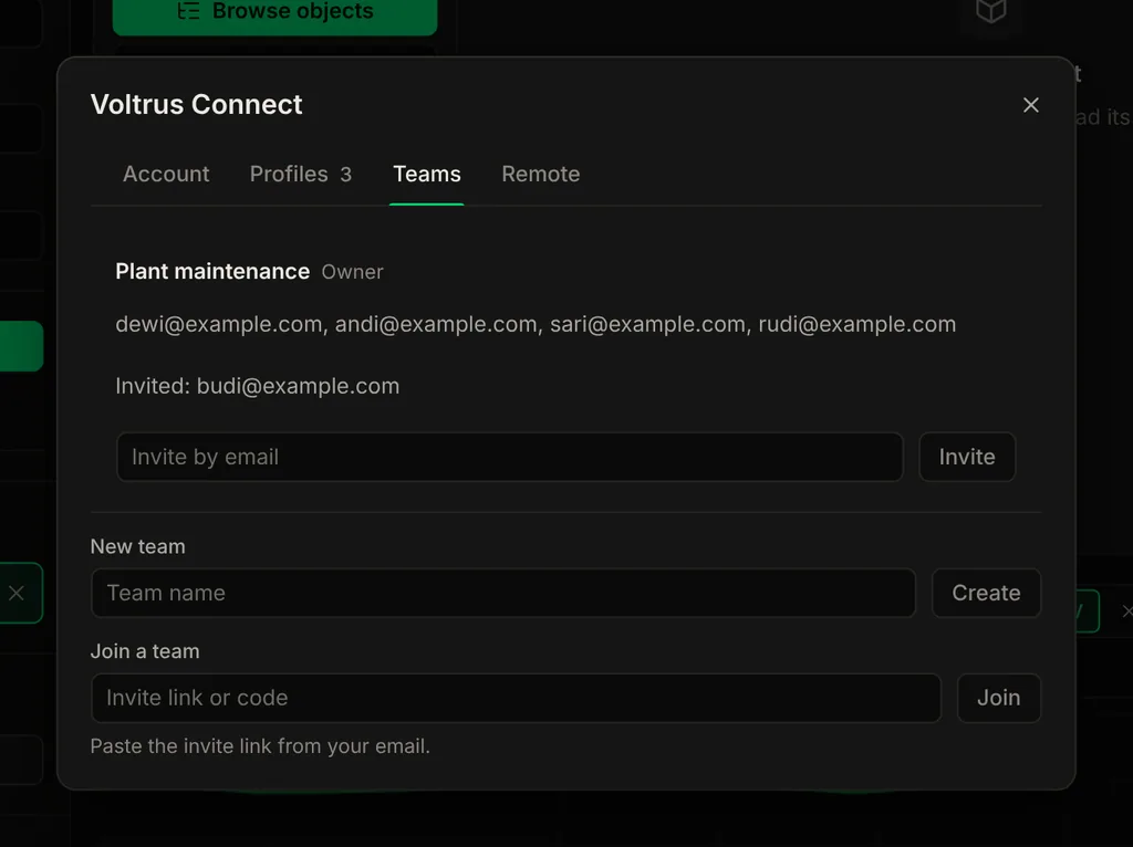 The Teams tab in BACnet Explorer: the team Plant maintenance with three members, a pending invite and fields to invite by email and create a team.
