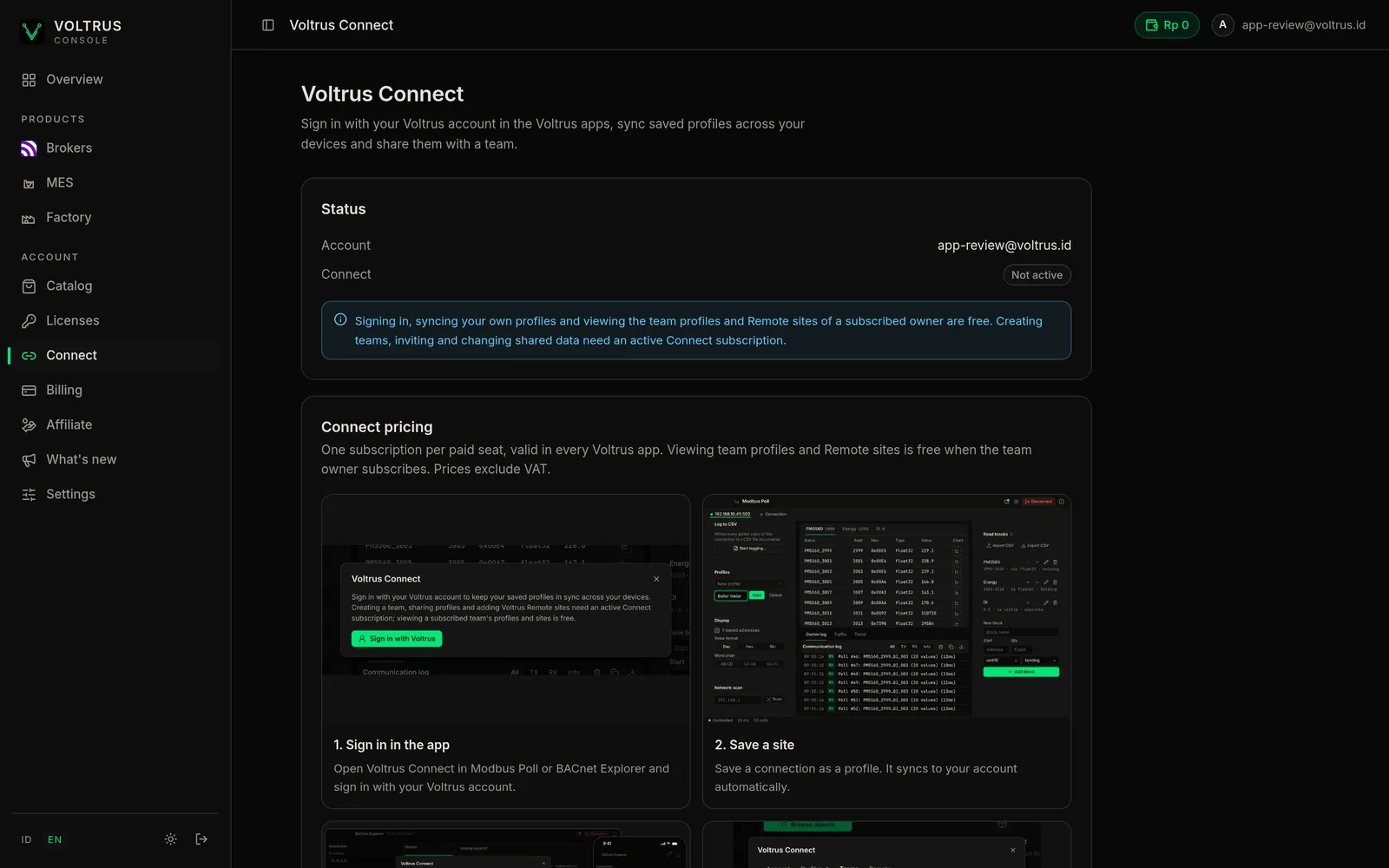 The Voltrus Connect page in the Voltrus console, showing the account status, the four steps of how Connect works and the price cards with Buy buttons.