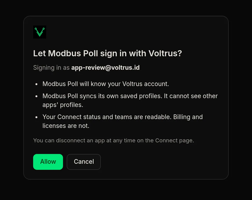 The Voltrus consent page in the browser: Let Modbus Poll sign in with Voltrus, with Allow and Cancel buttons.