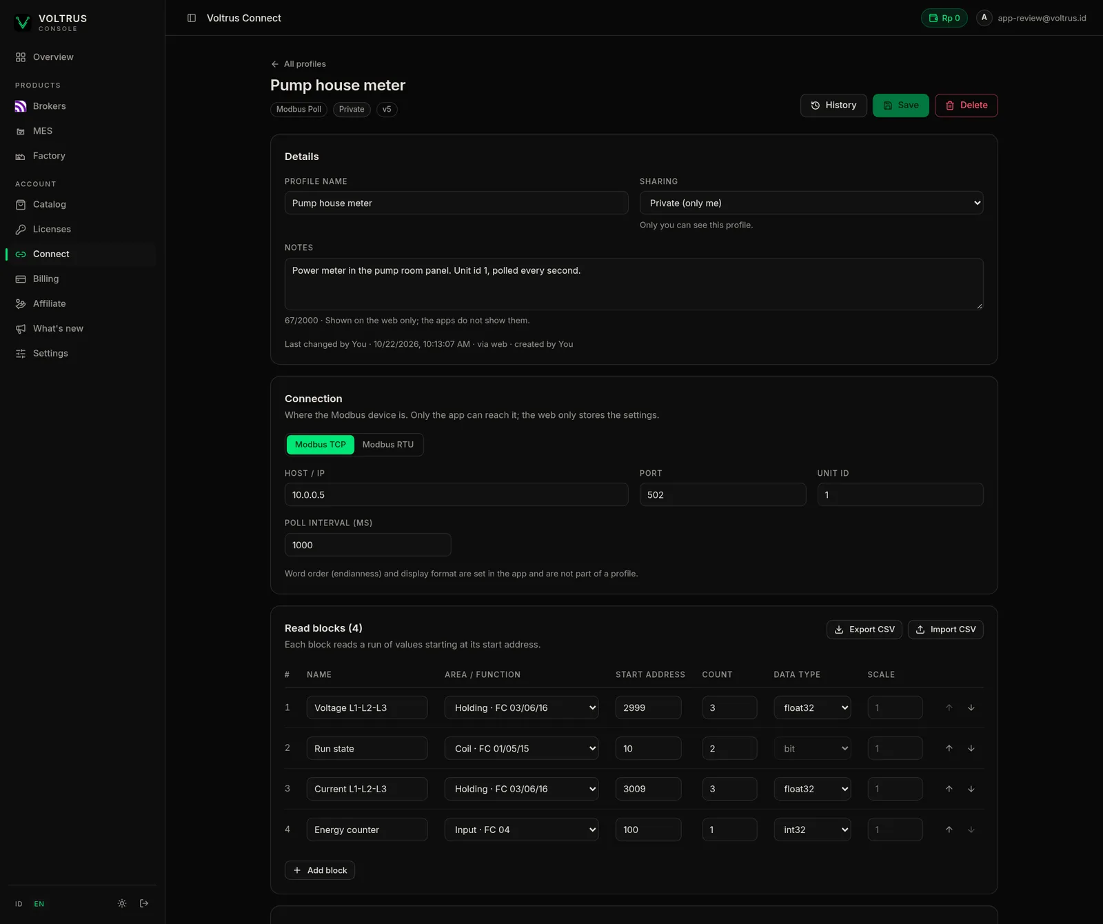 A Modbus Poll profile named Pump house meter open in the Voltrus console in a browser: its details and notes, the TCP connection settings and a table of read blocks with start address, count and data type.