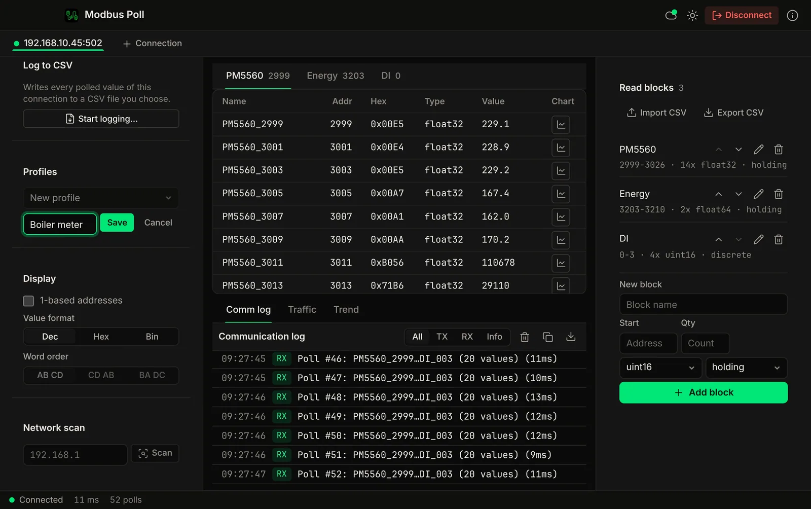 Modbus Poll with a live connection and the name Boiler meter typed into the Save as profile field, next to the Save button.