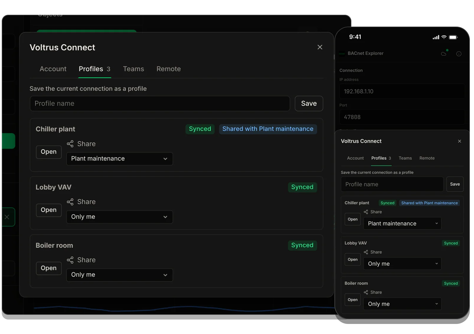 BACnet Explorer on a Mac and on an iPhone, both showing the same three profiles marked Synced, one of them shared with the team Plant maintenance.