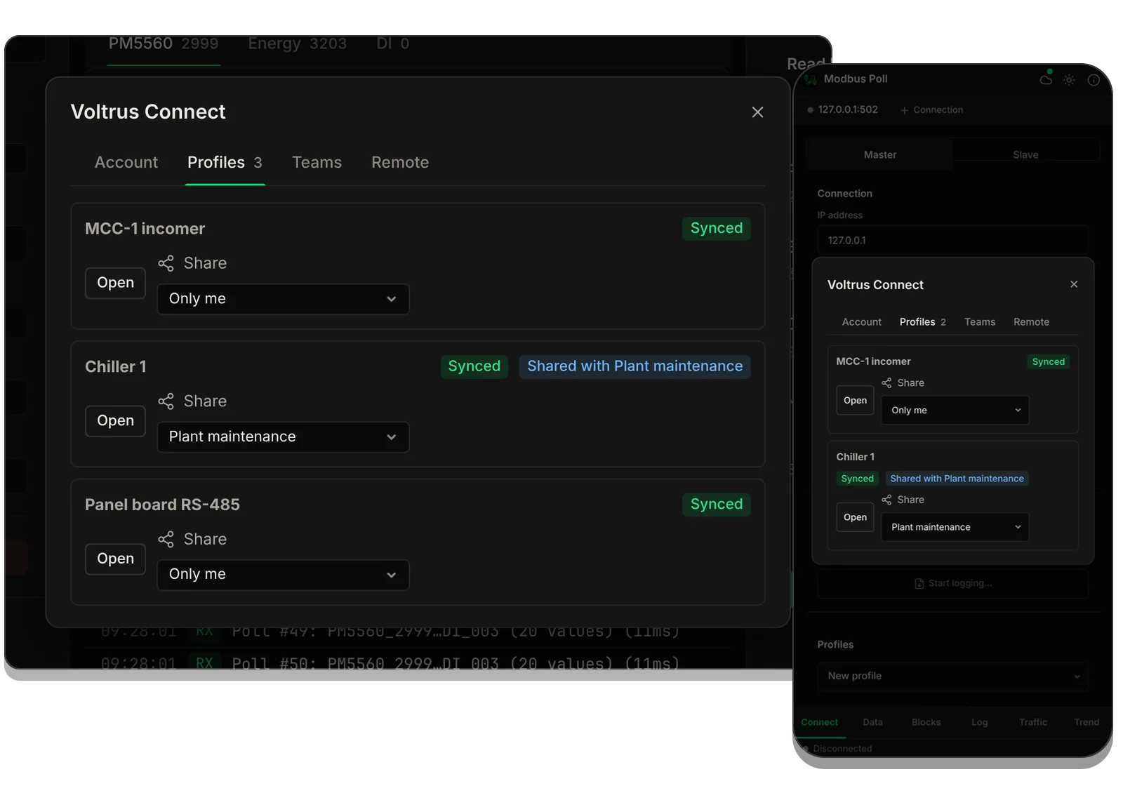 Modbus Poll on a Mac and on an iPhone with the Voltrus Connect Profiles tab open, listing MCC-1 incomer and Chiller 1 as Synced.