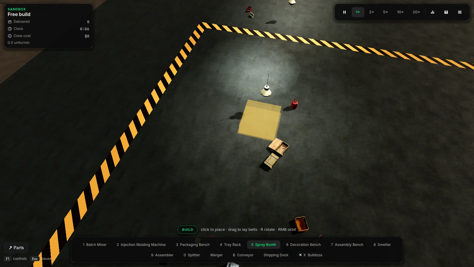 Factory 3D build mode: a spray booth ghost on the factory grid with the machine palette open, deciding which machine goes where