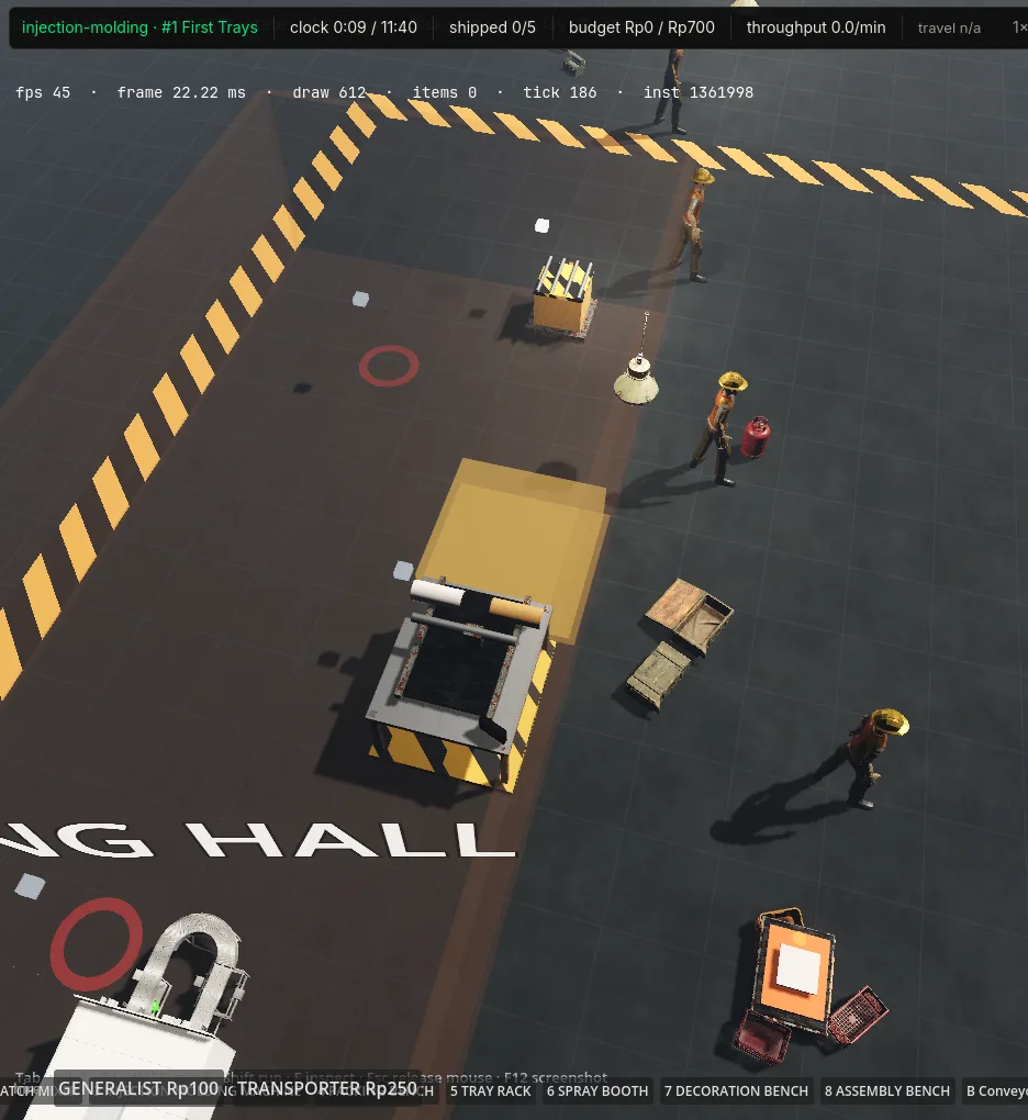 Build mode: a spray booth ghost hovering on the factory grid with the machine palette open, deciding which machine goes where