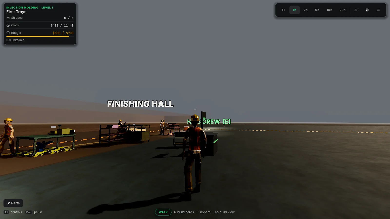 Third-person view of the PPE operator walking toward the finishing hall in Factory 3D during injection molding level 1