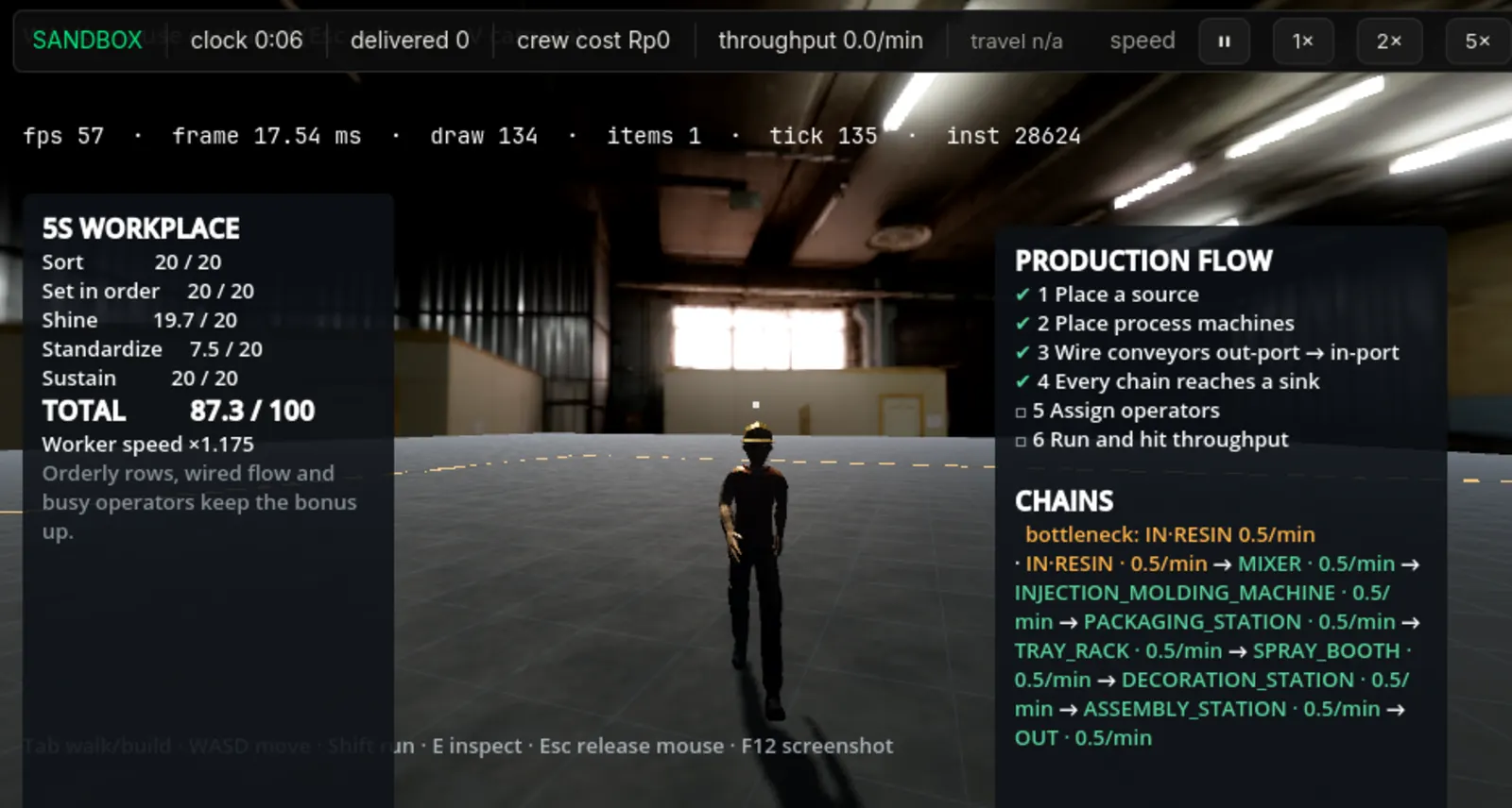 First-person view on the factory floor with the 5S workplace panel and the production flow panel open