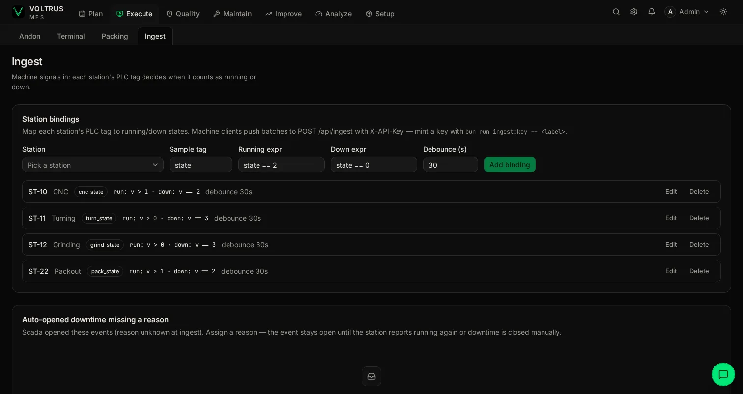 Ingest settings page showing station bindings with sample tag and running and down expressions