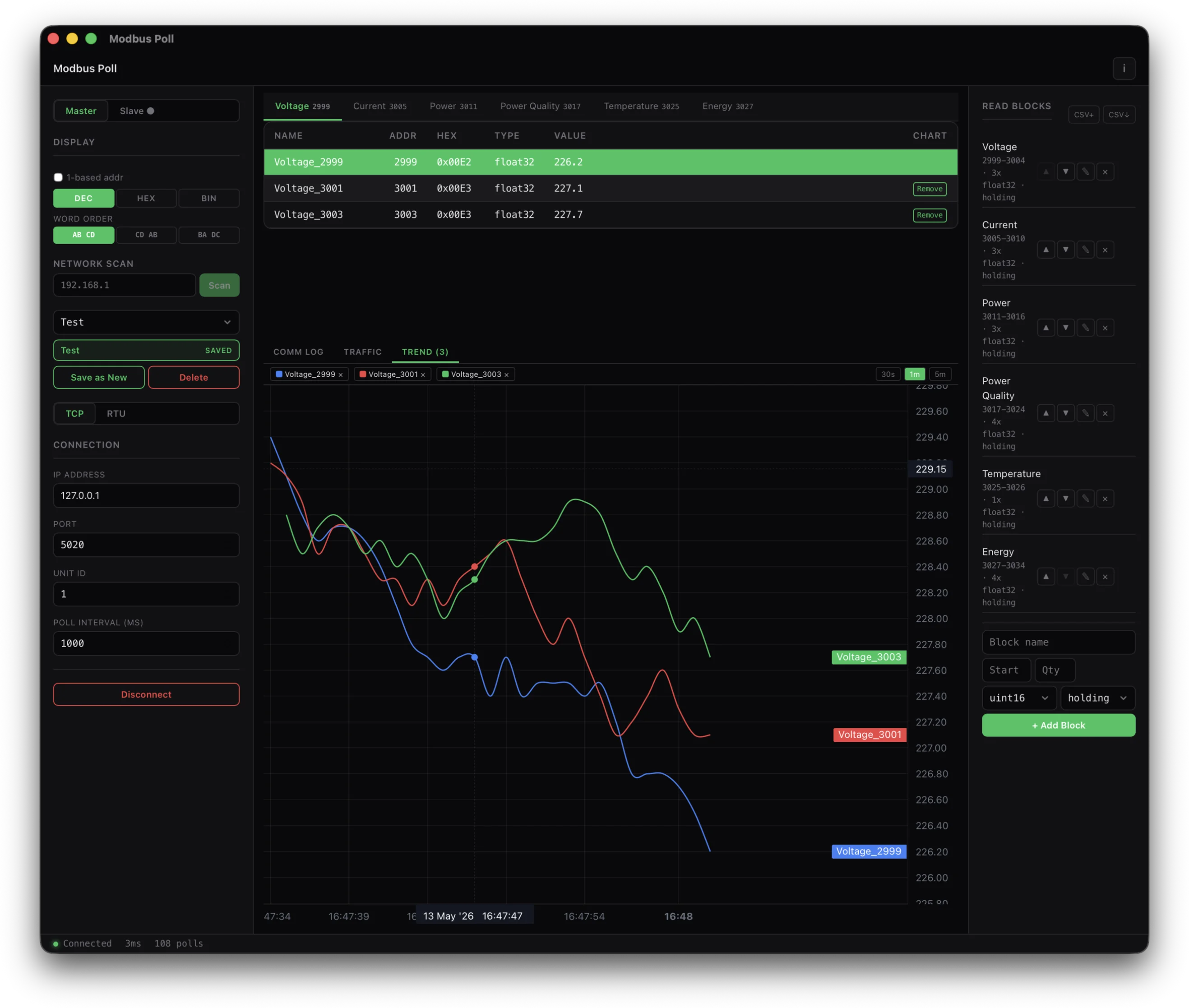Live charts, register values plotted over time with trend visualization