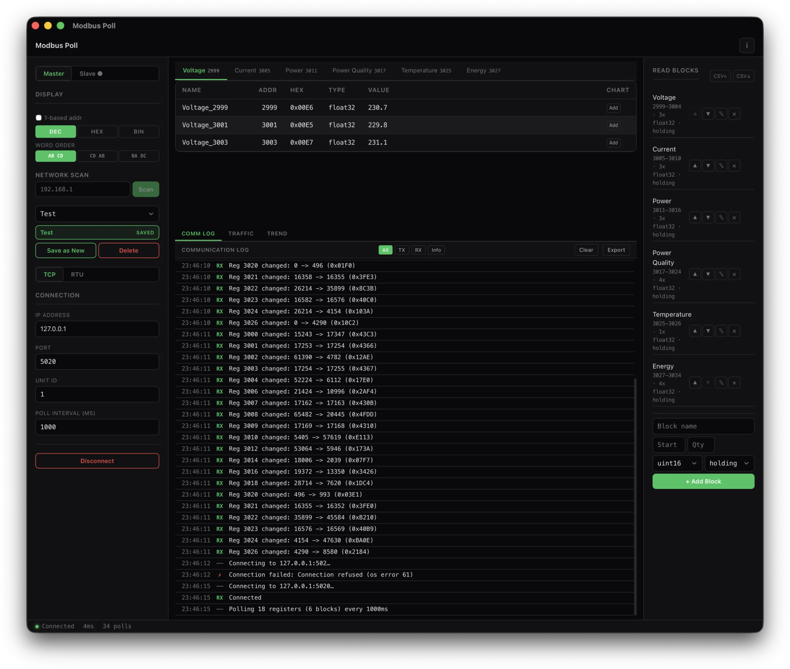 Modbus master mode, register polling with live value updates