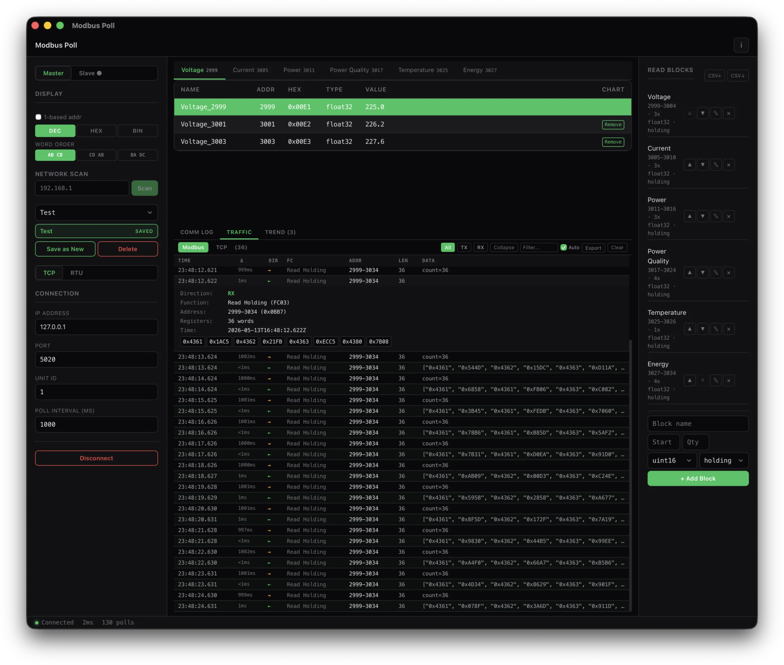 Traffic capture, per-frame Modbus decode with direction filter and CSV export
