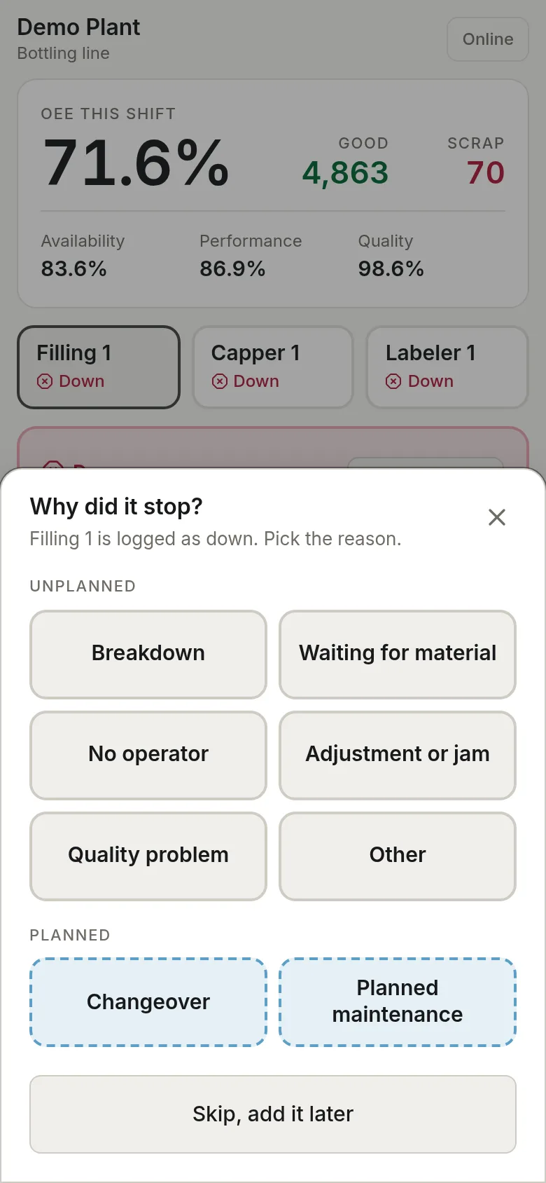 Voltrus OEE Line operator screen asking why the machine stopped, with reason buttons