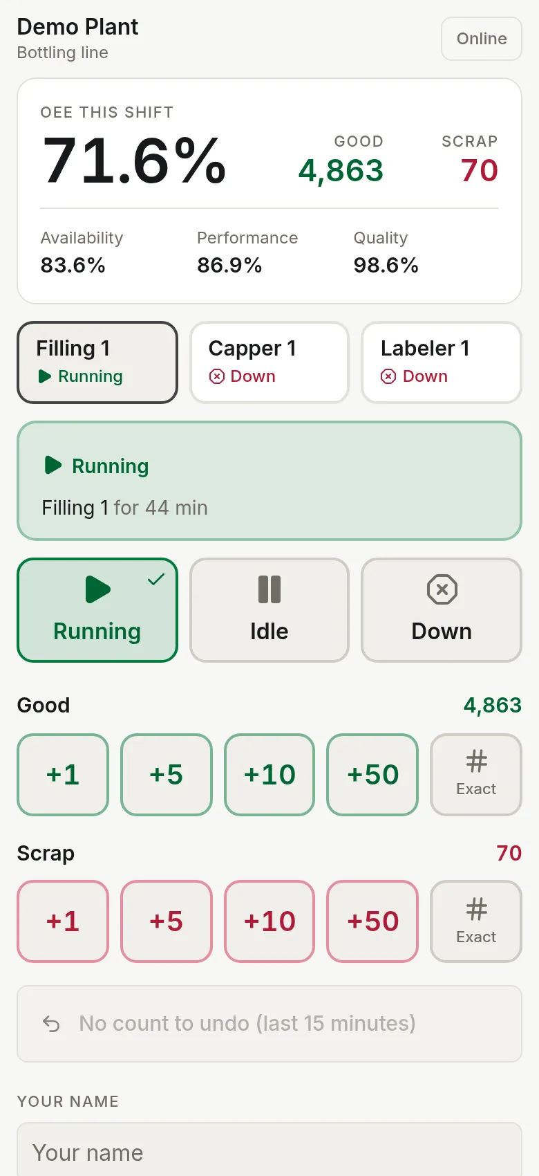 Voltrus OEE Line operator screen on a phone with Running, Idle and Down buttons and good and scrap counters