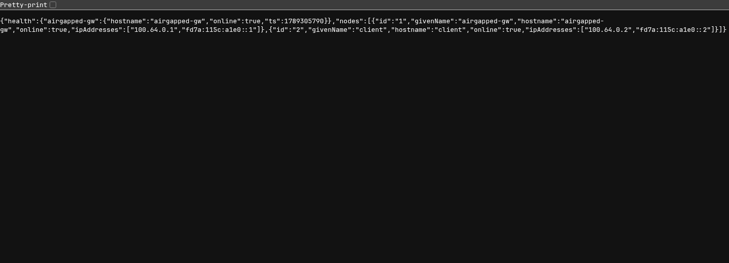 Control API node registry JSON showing the site gateway and client nodes online with tunnel IP addresses