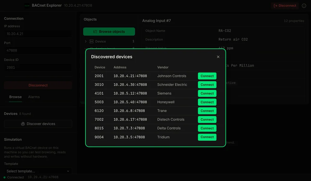 BACnet Explorer device discovery: BACnet/IP devices found by Who-Is.