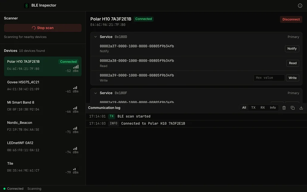 BLE Inspector browsing the GATT services of a Bluetooth LE device.