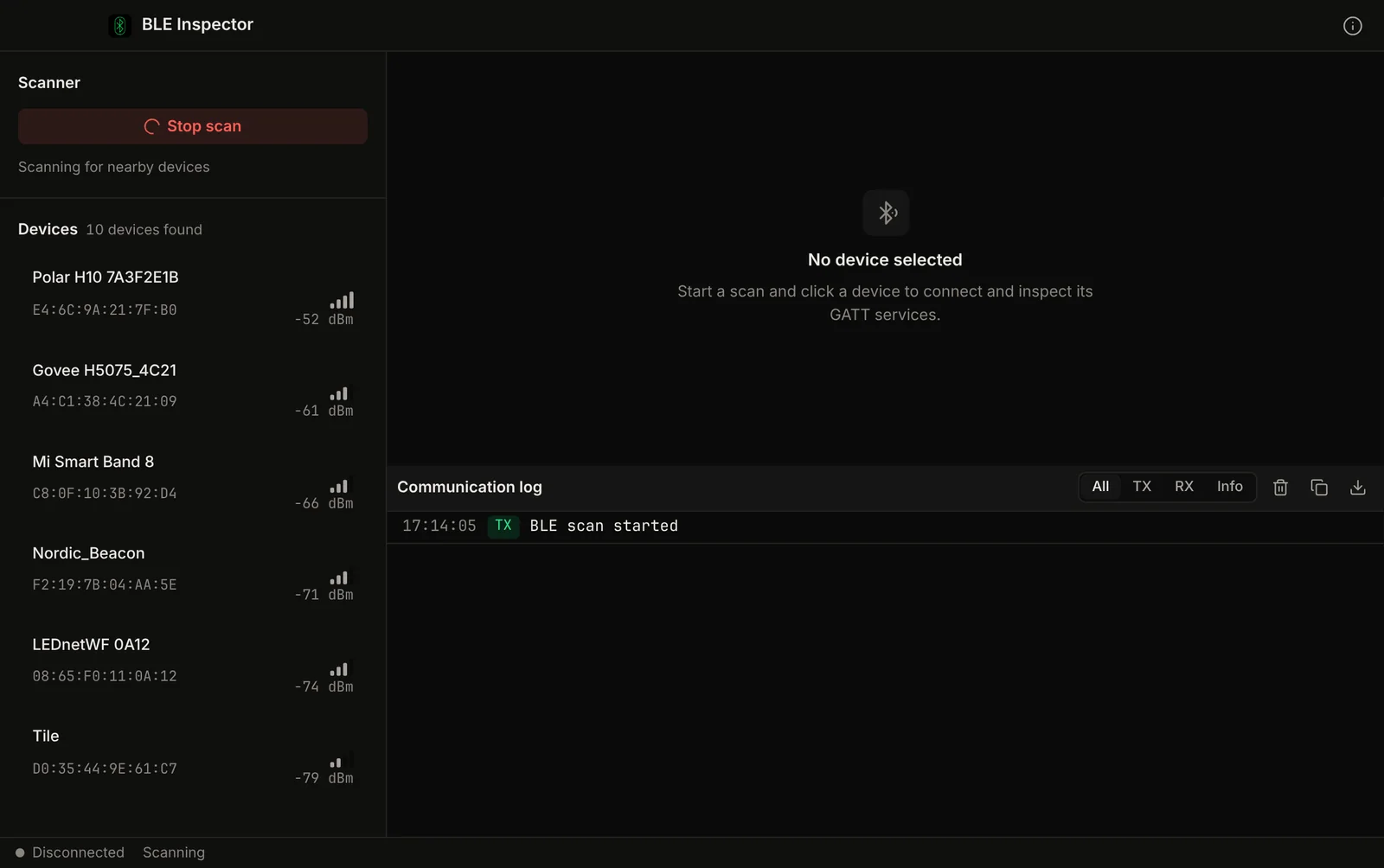 BLE Inspector screenshot: a scanner list of nearby Bluetooth devices with signal strength and an empty detail pane.