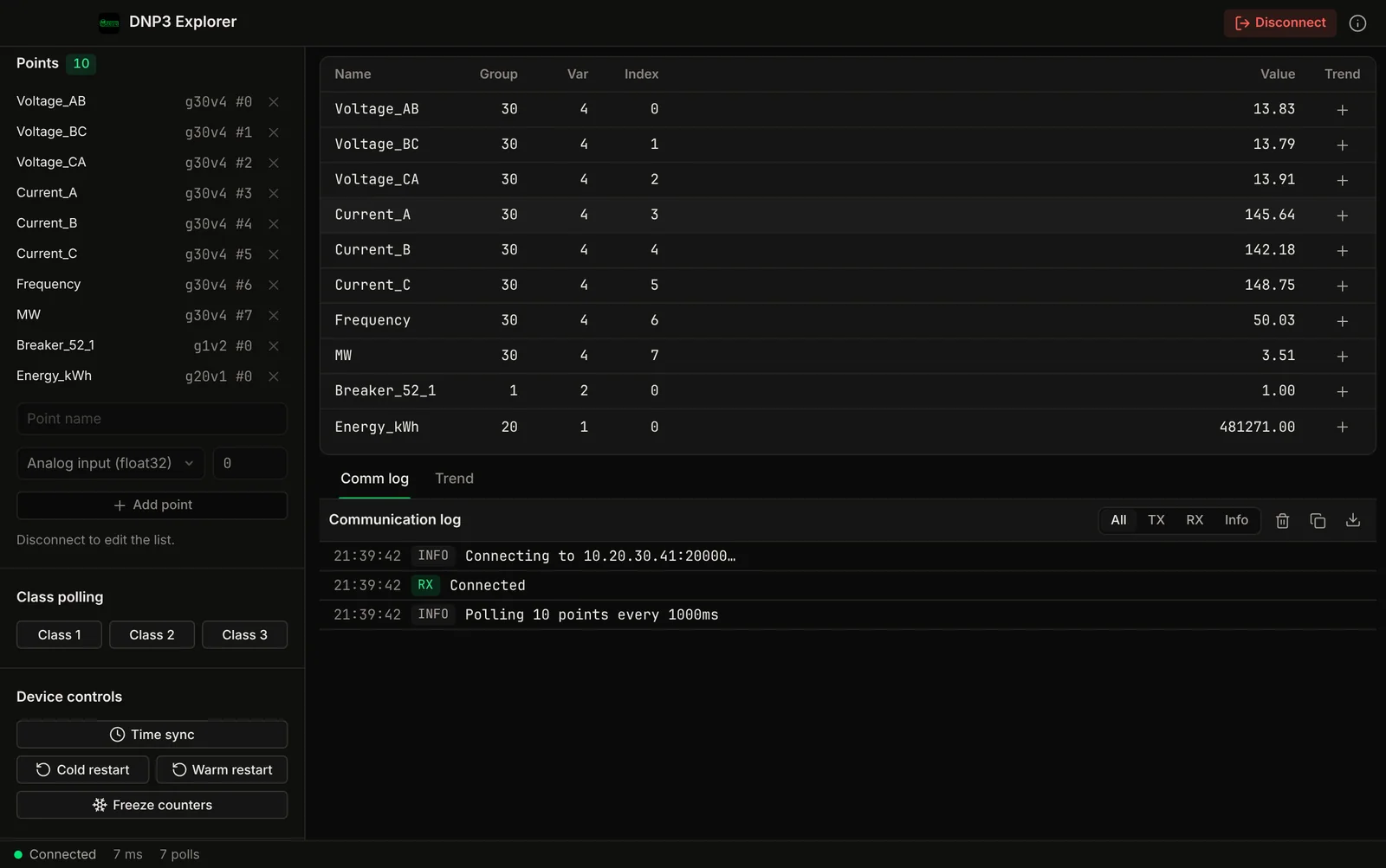 DNP3 Explorer screenshot: a point list polled from a DNP3 outstation showing group, variation, index and live values.