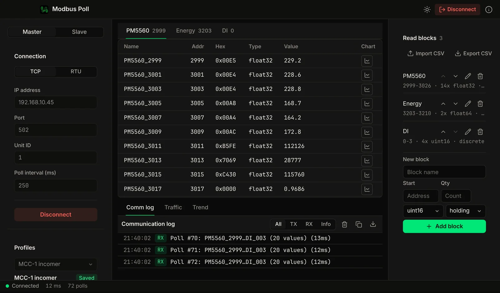 Modbus Poll screenshot: live float32 meter registers polled over Modbus TCP, with a communication log underneath.