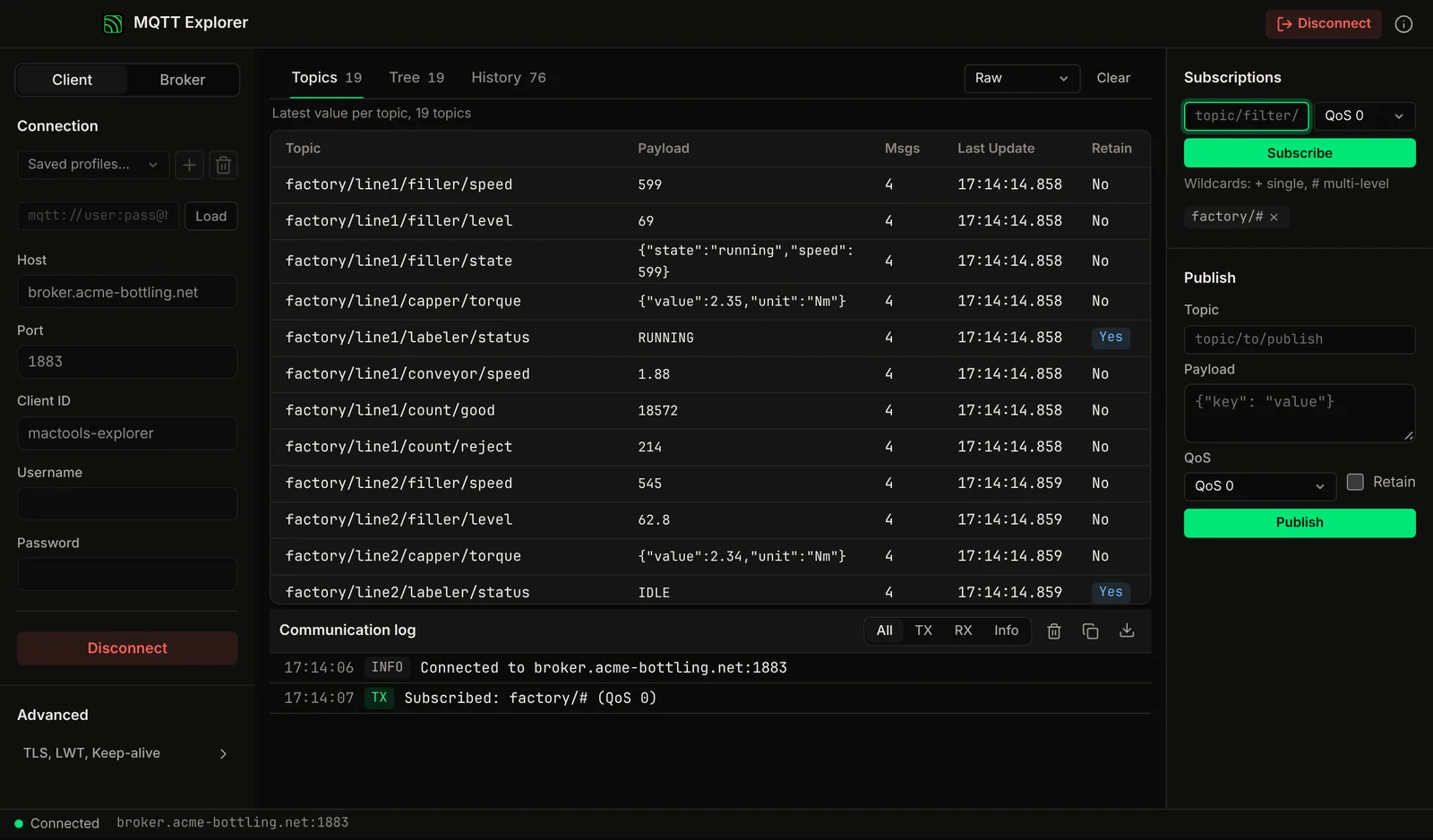 MQTT Explorer screenshot: a table of topics with their latest payload, message count and retain flag.
