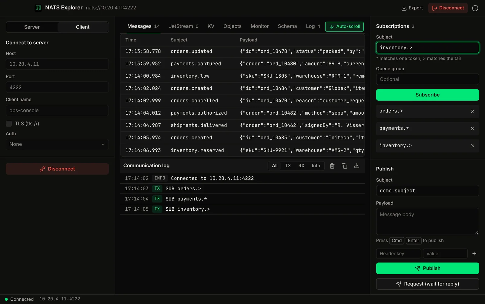 NATS Explorer screenshot: live NATS messages with subject and payload, plus subscriptions and a publish panel.