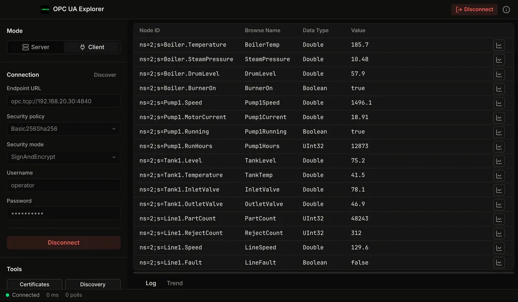 OPC-UA Explorer monitoring node values live.