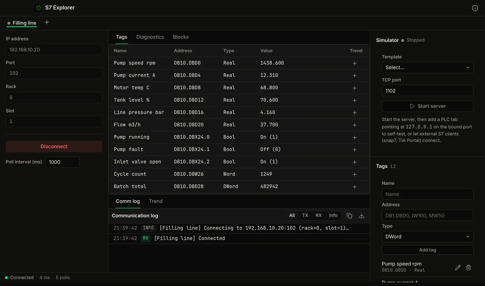 S7 Explorer screenshot: a list of S7 PLC addresses read live as Real, Word, DWord or Bool values.