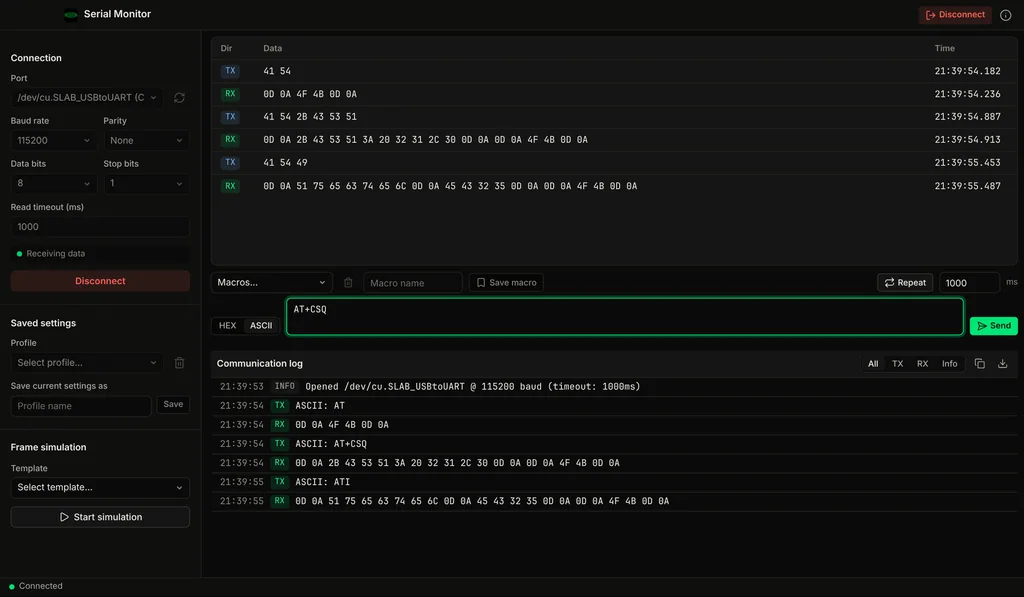 Serial Terminal showing received bytes in hex and ASCII.