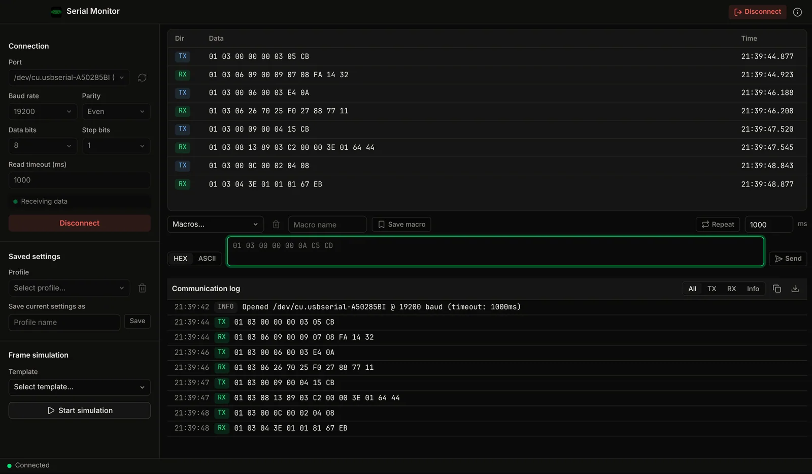 Serial Terminal screenshot: hex bytes sent and received over a serial port, with the connection settings on the left.