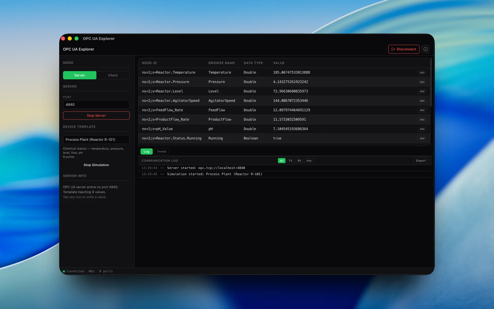 Namespace Browser in MacTools OPC UA Explorer: the full server address space as a hierarchical node tree