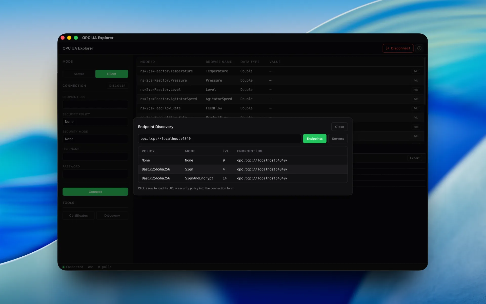 Node Attributes view: reading values, descriptions, engineering units, and data types of an OPC UA variable